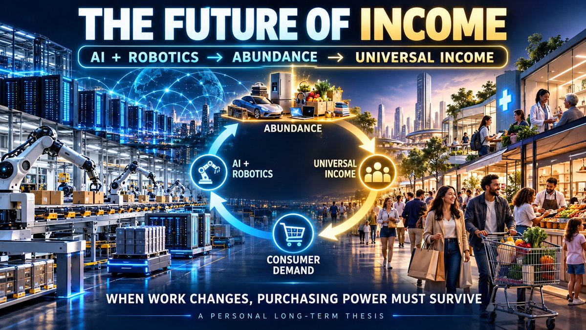 MarketWithSidd's tweet photo. This is my long-term vision—not a prediction tied to any particular date.

It could take 5, 10, 20 or even 30 years, but I believe AI and robotics will eventually automate such a large share of human work that governments will have to provide people with a universal income.

Why? Because an economy cannot survive without consumers.

Companies may produce more with fewer employees, but if millions lose their wage-based purchasing power, who will buy those goods and services? To preserve demand and keep the economy functioning, governments may have to distribute part of AI-generated prosperity through UBI, a social dividend or what Elon Musk calls “universal high income.”

This is not an entirely untested concept. Unconditional-cash experiments have already been conducted in India, the United States, Finland and elsewhere.

The findings are mixed and don’t prove that nationwide UBI would be simple. But they show that people frequently spend this money on necessities—and receiving cash doesn’t automatically make everyone stop working.

My conviction is that money may not disappear, but it will gradually lose its present importance to basic survival. A traditional job may no longer remain the only route to having an income.

AI is unstoppable. The challenge is ensuring that the enormous wealth it creates reaches ordinary people—because without mass purchasing power, even the most productive economy cannot sustain itself.

If managed properly, this could become an age of abundance instead of an age of unemployment.

The timeline is uncertain. The direction, in my opinion, is not.

Research:

India/UNICEF basic-income pilots:
https://t.co/dg0L5Uswip

U.S. unconditional-cash study:
https://t.co/3SmJ1gnWxA

Finland basic-income experiment:
https://t.co/w80MmZvxxD

Elon Musk on “universal high income”:
https://t.co/8SOCH5D115