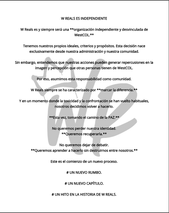 WReals_Oficial's tweet photo. 🕊️| Comunicado a la opinión publica 

W Reals siempre se ha caracterizado por marcar la diferencia. Hoy decidimos hacerlo nuevamente, tomando un camino diferente: el camino de la paz.

Por una comunidad más unida.
Por W Reals. 🕊️ https://t.co/TUZRZDxCEy
