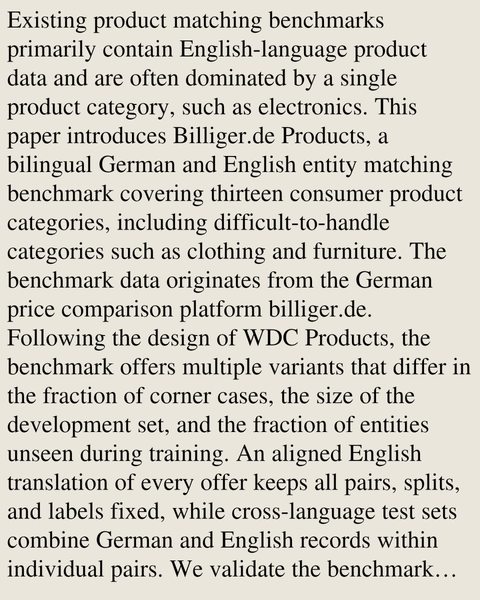 HEI's tweet photo. https://t.co/RVzUBLfzkx Products: A Bilingual Entity Matching Benchmark

Aaron Steiner, Ksenia Elagin, Ralph Peeters, Johannes Knopp, Christian Bizer
https://t.co/GWSNLWtW7h [𝚌𝚜.𝙲𝙻]
💬Code: https://t.co/kOVboWw91m https://t.co/k1YGYidCgc