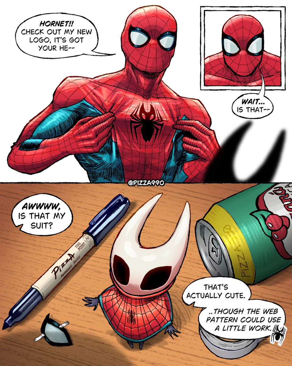 pizza990's tweet photo. One year ago today, Pizza Mert shared the drawing of Spider-Man and Hornet and started a drawing trend https://t.co/T5rrsiMfAK