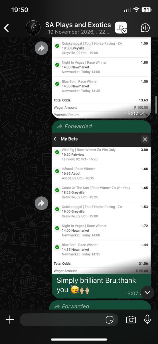 AashishRamnunan's tweet photo. 𝐓𝐡𝐞 𝐅𝐨𝐫𝐦 𝐂𝐨𝐧𝐭𝐢𝐧𝐮𝐞𝐬 - Spring Spree Saturday 

After a small blip yesterday, we resume back to our regular winning form of the last few weeks. 

• Best bet lands ☑️
• 15+ odds Multi wins ☑️
• The screenshots show the story. He says, “Capping off a great day 🥳”

We’ve ended September extremely strong and started October off with a bang. 

Take advantage of our promos. The members Prive hub is inclusive in all memberships as well as premium access to our WhatsApp Community. 

WhatsApp: 078 430 5316

or go to our newly revamped website 

https://t.co/CAXSv8zpjb