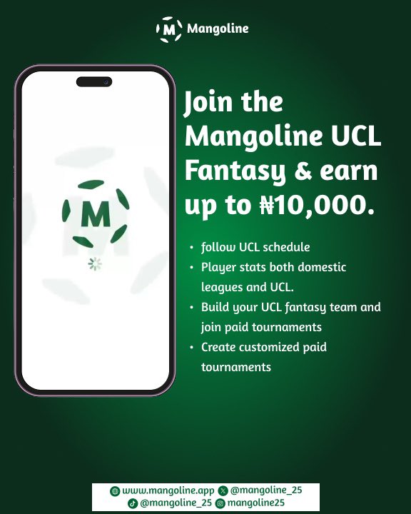 Mangoline_FF's tweet photo. MANGOLINE UCL FANTASY IS HERE!

♻️Easy Steps On How to Create, play and plan your UCL team each Matchday on Mangoline fantasy App. 

Select your UCL Squad, Join and compete in one or more leagues on Mangoline APP.
🏷️Mangoline Paid League (MPL) 
🏷️Mangoline UCL (Freeforall)

#UCL #Mangoline #Footballfantasy #ChampionsLeague #FPL #MFL