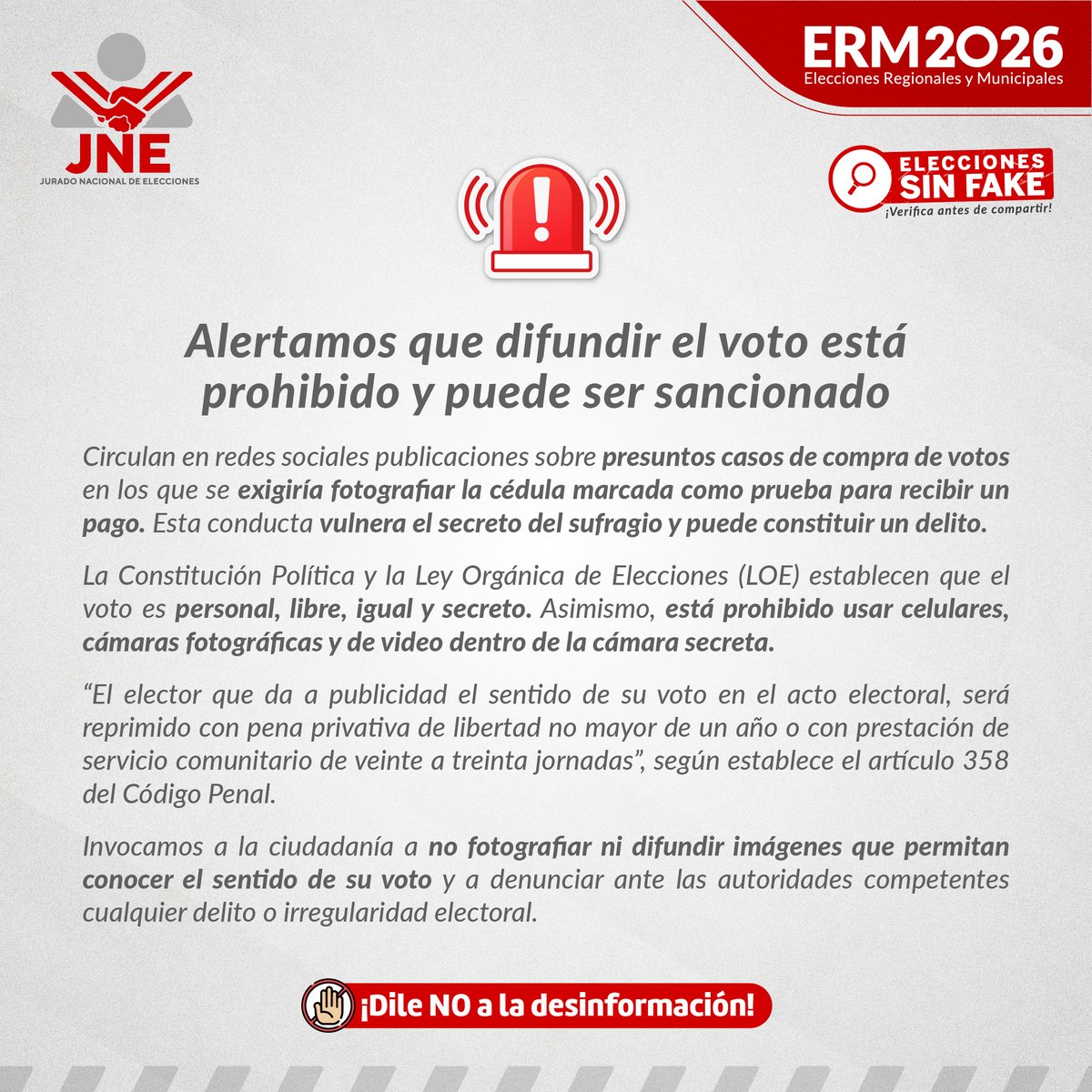 JNE_Peru's tweet photo. 📢 ¡Atención! ¡Tu voto es secreto, protégelo! 
No fotografíes ni compartas imágenes de tu cédula marcada. Publicitar el sentido del voto durante el acto electoral puede constituir un delito.
#EleccionesSinFake #ERM2026 https://t.co/C48Qzzb4g6