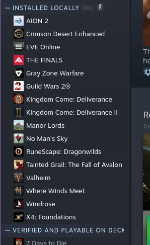 LinuxGamer_UK's tweet photo. 90% of the games i play are on Steam and they all work flawlessly out of the box. If you really want to tinker and squeeze performance then you can start changing Proton versions and launch commands. I run every game currently under Proton-GE latest. And to unlock DLSS and a lot of the NVidia coolness, I use launch commands such as:

PROTON_ENABLE_NVAPI=1 SteamOS=1 PROTON_MEDIA_USE_GST=1 PROTON_USE_NTSYNC=1 gamemoderun %command%

On games that support it, that one for example is from my Crimson Desert launch commands.

BTW you can cheat code this if you use agents on Omarchy, just ask it to create you a game performance skill that gets the maximum steam performance from Steam launch commands for your system. The screenshot is every game I currently have installed and all play flawless!