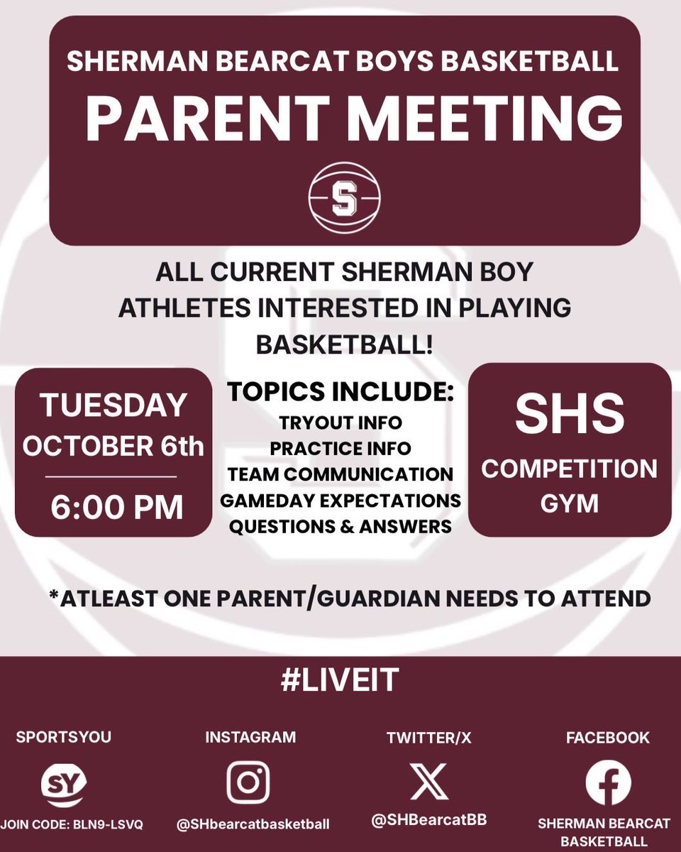 SHBearcatBB's tweet photo. ๐จ ATTENTION BEARCAT PARENTS ๐จ
If you have a son who is interested in playing for Bearcat Basketball and is already a part of Athletics or is currently enrolled in the basketball period, join us this Tuesday!
๐
Tuesday, October 6th
โฐ 6:00 PM
๐ SHS Competition Gym
#LiveIT https://t.co/ucjPM0Xpa0