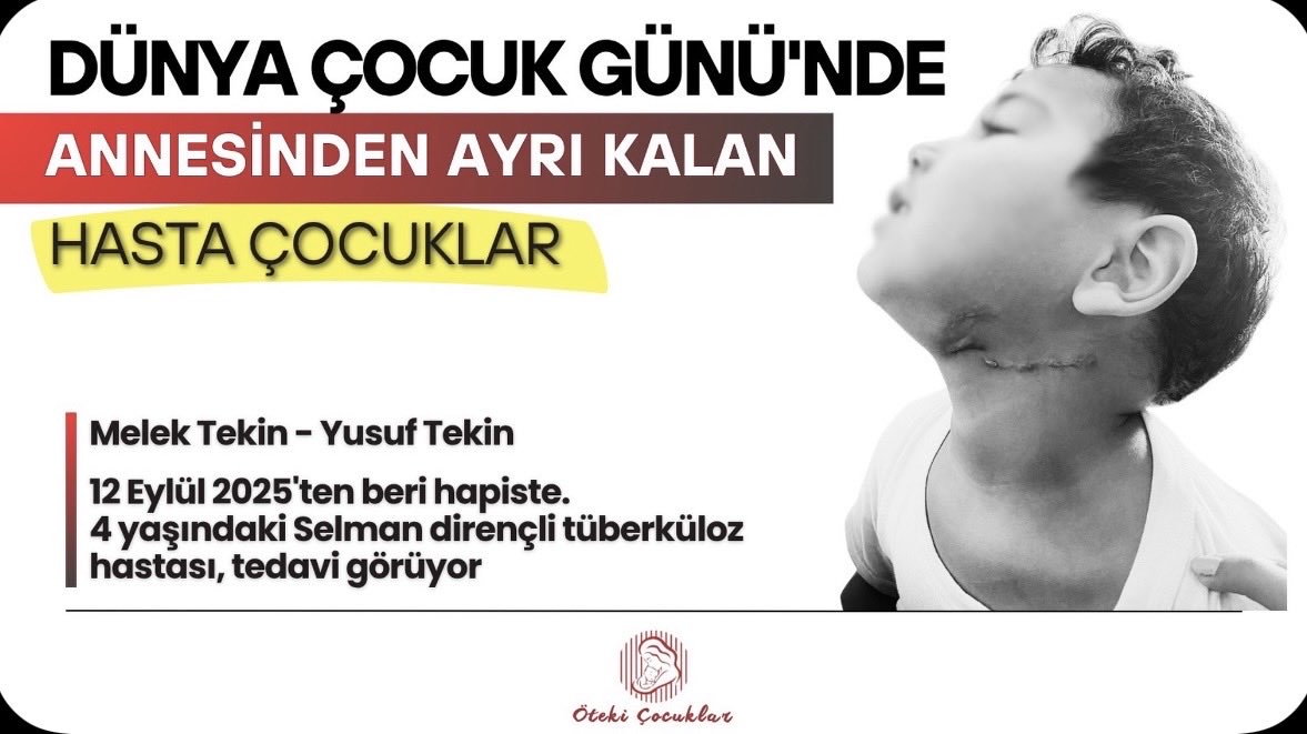 sema84023318's tweet photo. 12 Eylül 2025’ten beri tutuklu olduğu belirtilen Melek-Yusuf Tekin çiftinin 4 yaşındaki oğlu Selman’ın,bebekliğinde dirençli tüberküloz teşhisi aldığı ve tedavisinin sürdüğü ifade ediliyor.Anne ve babasının yanında bulunamaması,çocuğa  dahada zarar veriyor.
BuMemleketin Çocukları https://t.co/xRvCvY0lzE