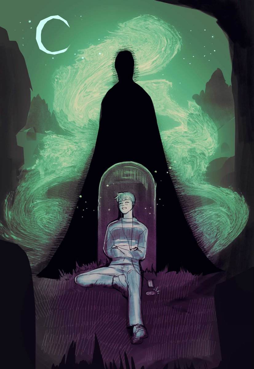 phriendsandpham's tweet photo. solo ghost hunter Phil rests his head on the wrong tombstone, connecting himself to an ancient being and awaking him from his slumber. 

#phantober #phantober26 https://t.co/OE13yMAN25