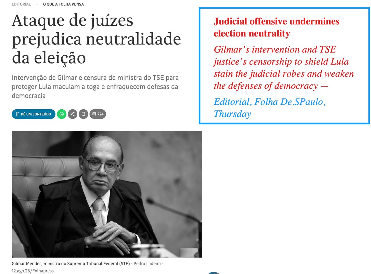 ggreenwald's tweet photo. Brazil's largest media outlets have been vehemently anti-Bolsonaro ever since he was ran and won in 2018. 

But now they are all warning that the pro-Lula wing of the Supreme Court is censuring for Lula and otherwise interfering to manipulate and prevent a free election:👇 https://t.co/34XO51nlV3