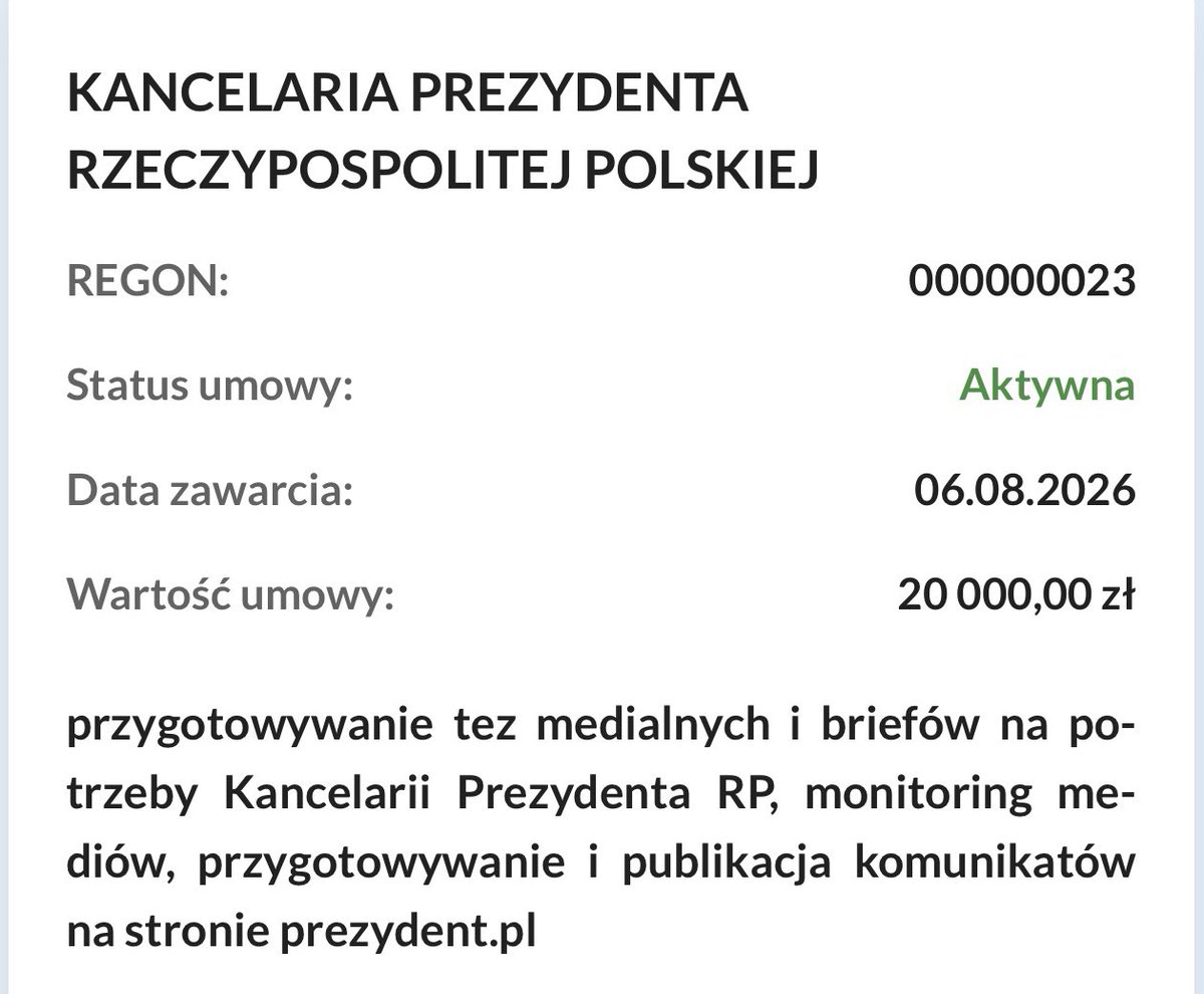 CTomczyk's tweet photo. Przeglądam wydatki Kancelarii Prezydenta @prezydent_pl.

Rekordowy budżet, rekordowa liczba doradców, setki ludzi w Kancelarii. I co znajdujemy w rejestrze nowych umów?

40 000 zł dla zewnętrznej firmy za przygotowywanie tez medialnych i briefów.

To po co są ci wszyscy doradcy? Po co cały ten aparat, skoro nawet tezy trzeba zamawiać na zewnątrz?

Dla koni?

https://t.co/hkxs2HK9Bq

https://t.co/o146ifMWNa