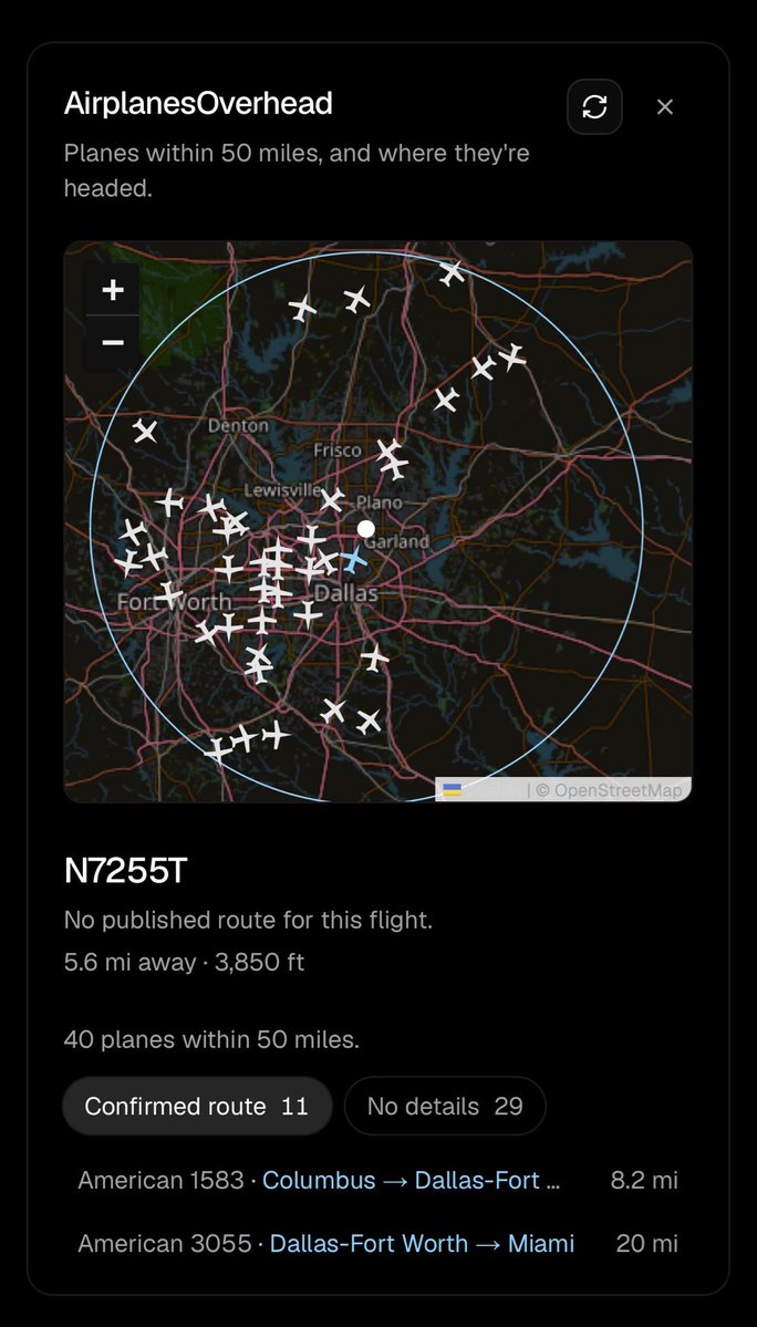 joel_reji's tweet photo. I’ve been meaning to start building some small data tools &amp; utilities. Will be sharing them here. 

Starting with a data feeds for airplanes that are currently flying above you within a 50 mile radius. https://t.co/wR9XeeP2My