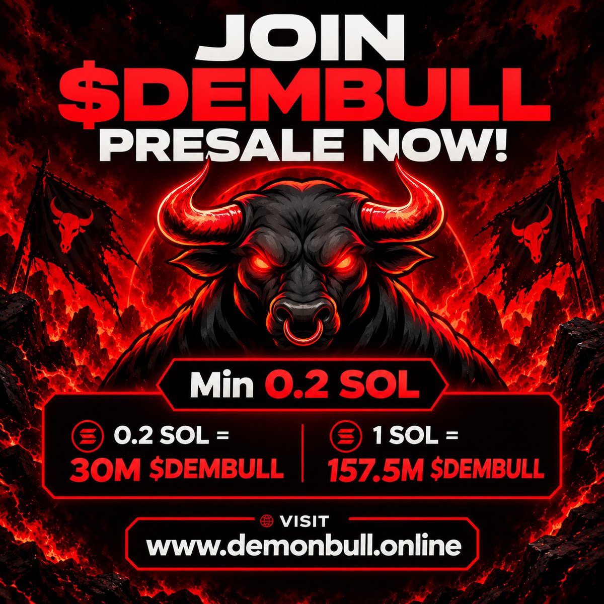demonbullsol's tweet photo. JOIN THE $DEMBULL PRESALE NOW!

Buy on 𝕏 send $SOL to Presale address:

HhgsnGY3sSYjEJsHnUdYGPakp3NFzH9WkRjwob2aswWe

Min buy: 0.2 SOL Max: 10 SOL

0.2 SOL → 30,000,000 $DEMBULL
0.5 SOL → 76,500,000 $DEMBULL
1 SOL → 157,500,000 $DEMBULL

Or Buy $DEMBULL on https://t.co/m66U4kjut5

RT & Drop your SOL address 👇