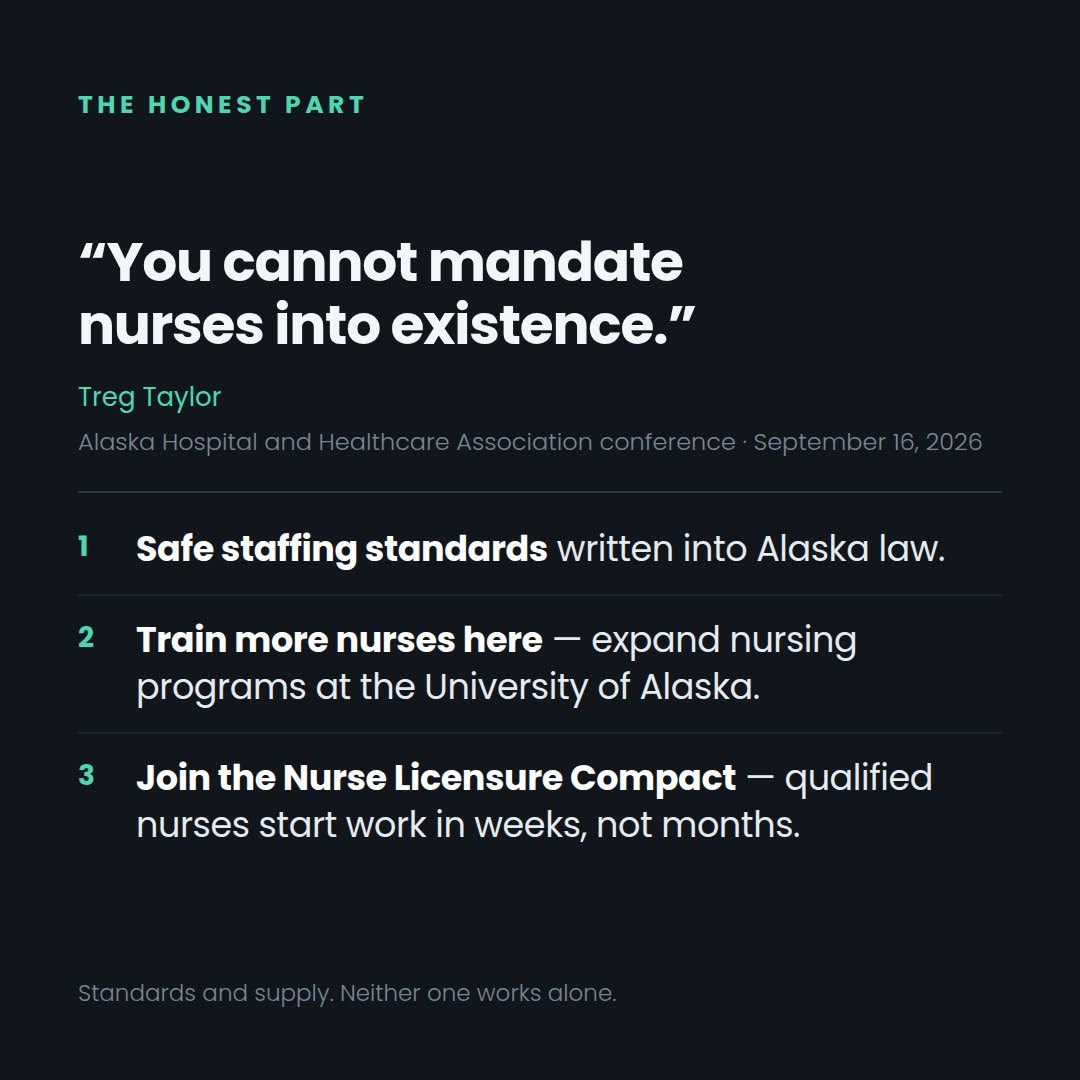 tregtaylorak's tweet photo. Alaska's nurses are being stretched past what's safe, while our hospitals rank among the most profitable in the nation. That's not a staffing shortage. It's a choice.

I gave my answer at the Alaska Hospital and Healthcare Association's annual meeting, to a room full of executives who oppose it. The other candidates told that room what it wanted to hear.

I told them where I stand: with our nurses, and with every patient in their care.