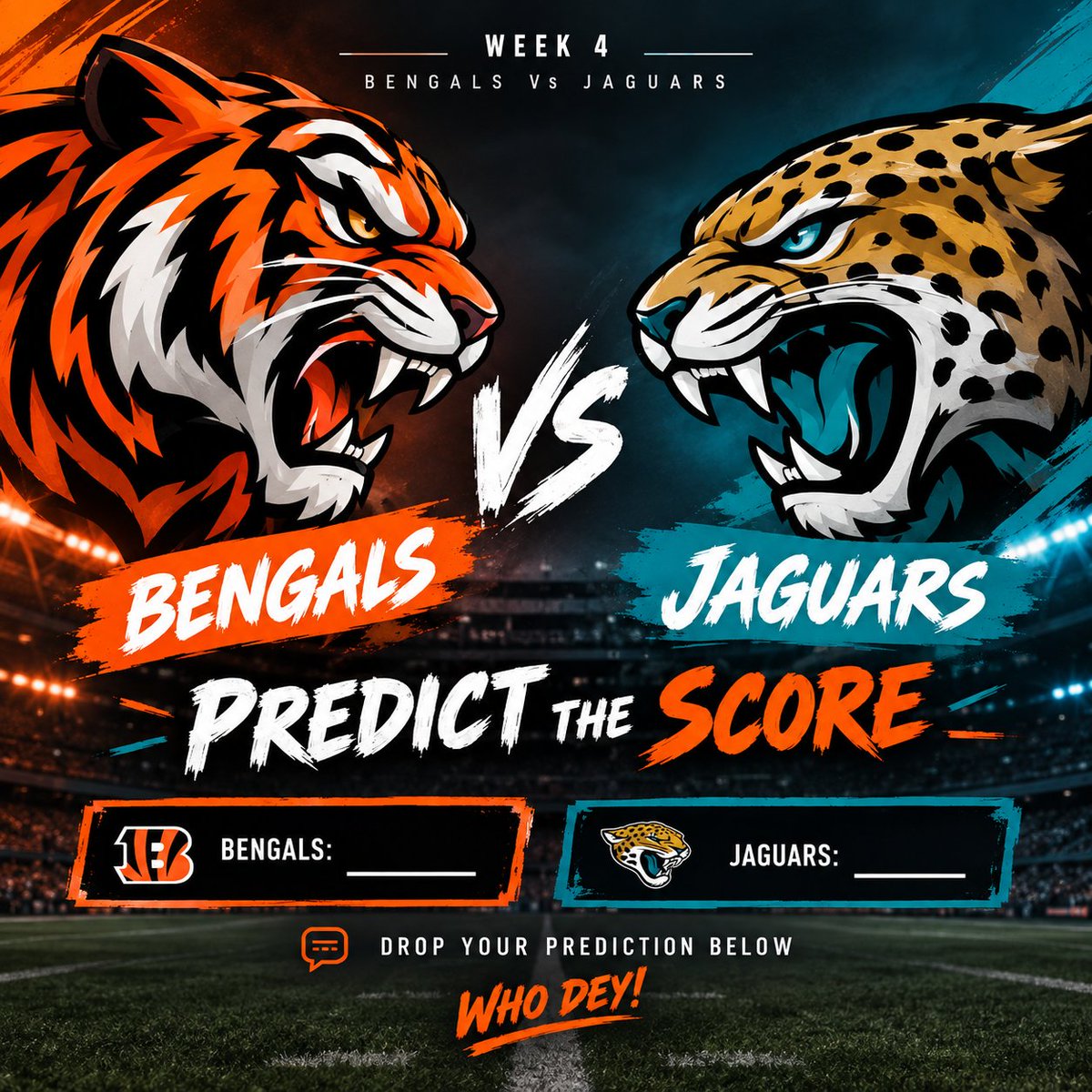 cbengalsfans15's tweet photo. 🐅 PREDICT THE SCORE!

Jaguars 🐆 vs Bengals 🐅

What’s your final score prediction? 👀👇

WHO DEY! 🧡🖤

#Bengals #WhoDey #BengalsVsJaguars https://t.co/eyECzmZEX8