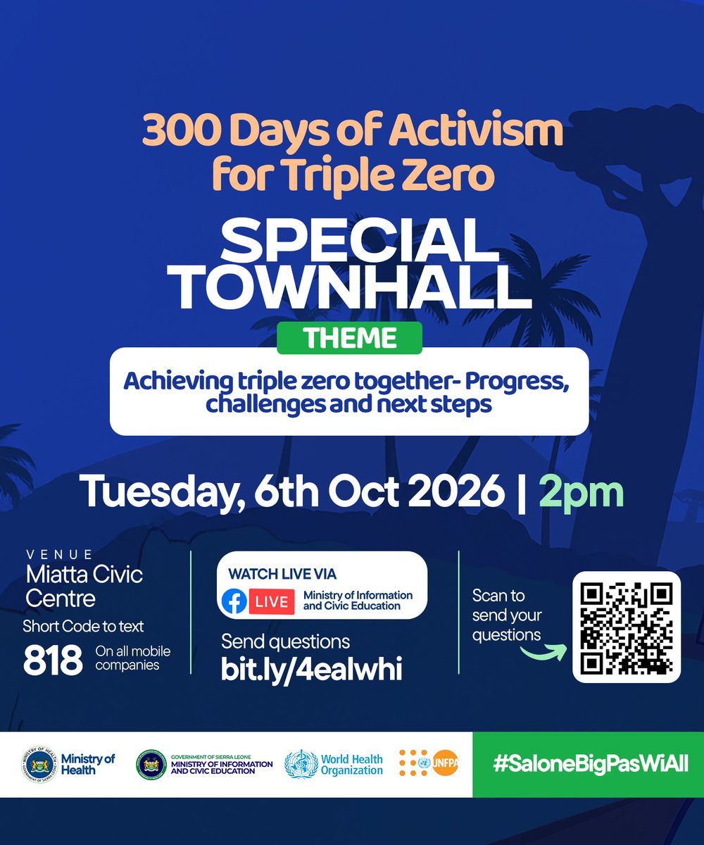 MoiceComm's tweet photo. SPECIAL TOWNHALL ON THE 300 DAYS OF ACTIVISM FOR TRIPLE ZERO

You can be part of the conversation by sending your questions or concerns through the link: https://t.co/08qZplP00Q or 818 on all mobile networks

Don't miss it!

#SaloneBigPassWiAll

@mohs_sl https://t.co/YxyA1JCVvf