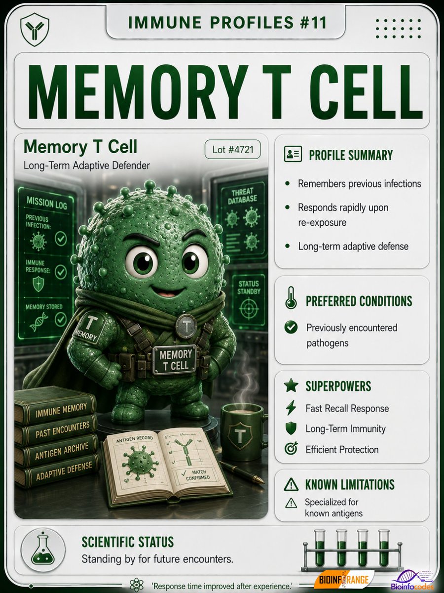 bioinforange's tweet photo. 🧬 Memory T Cell remembers the threat, learns from the encounter, and comes back faster. 🛡️
Because your immune system never forgets… at least not easily. 😄
#bioinforange #immunology #memorytcell #immunesystem #sciencehumor https://t.co/m8cI66EiqE
