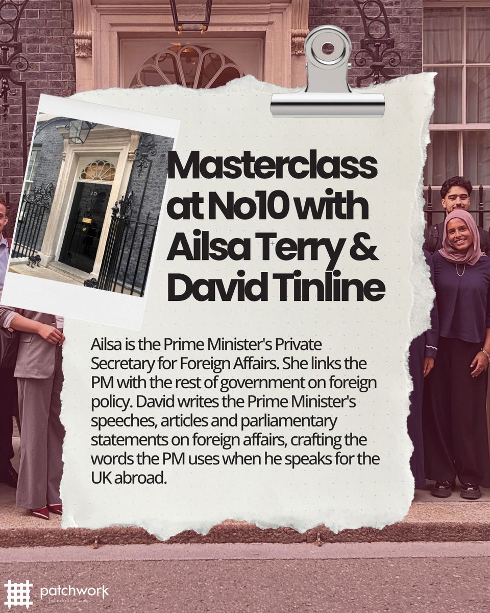 UKPatchwork's tweet photo. 🇬🇧 Masterclass at No10! Our Patchworkers met Ailsa Terry, the PM's Private Secretary for Foreign Affairs, and David Tinline, the PM's foreign affairs speechwriter. Thank you both!

Register for next year's cohort via our bio 👇

#PatchworkFoundation #Masterclass #GetInvolved https://t.co/W3rHoZmPzA