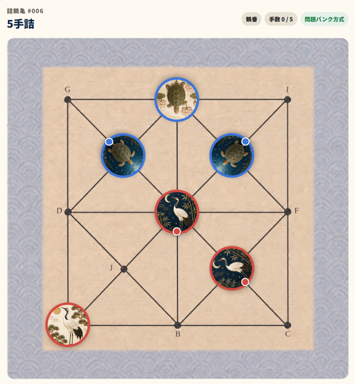 sanmai_lab's tweet photo. 【詰鶴亀、新たに6問追加しました】  

これまでの4問と合わせて、全10問になりました。  
3手詰・5手詰・7手詰を収録。
盤面から、相手が最善に守っても勝ち切れる手順を読み切ってください。  
▶ https://t.co/5Q6DnhlG2s  
#鶴亀返し #詰鶴亀 #ゲームマーケット2026秋 https://t.co/W2YoIQgP22
