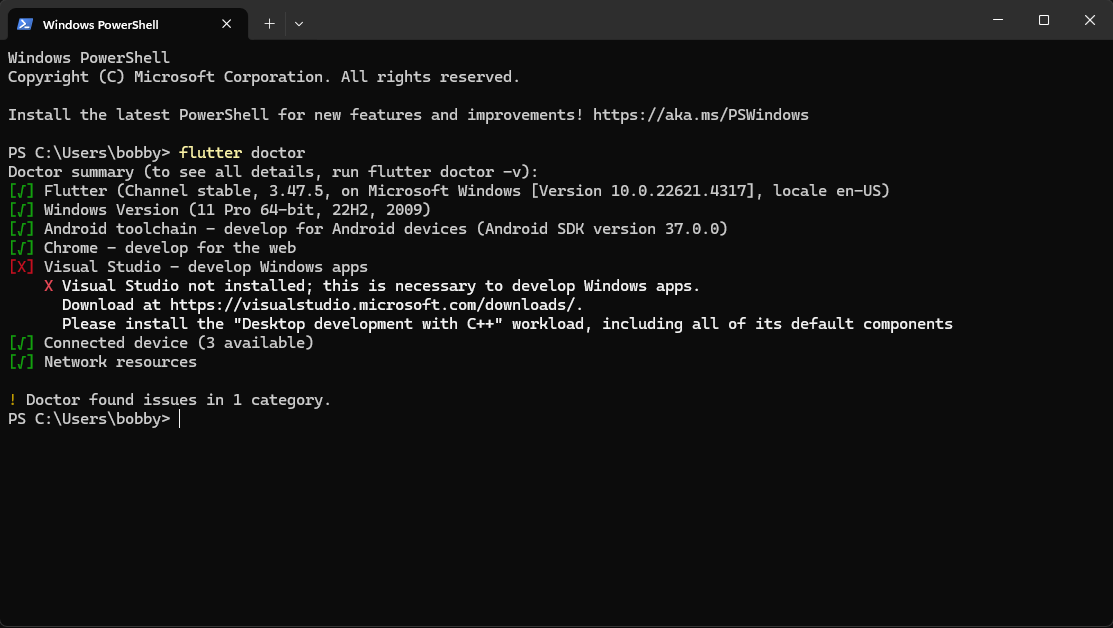FlutterPath_'s tweet photo. Day 2 — Completing Flutter setup

Today I finished setting up the full Flutter environment.

Installed:
• Google Chrome
• Android Studio

Configured Android SDK:
• Latest Android platform
• Build-Tools
• Command-line Tools
• Platform-Tools
• Emulator

Note: Accepting licenses with `flutter doctor --android-licenses` is no longer required in the current SDK tools.

Final flutter doctor result — everything is ready:
✓ Flutter
✓ Android toolchain
✓ Chrome
✓ Connected devices

Environment is fully set up. Tomorrow I start learning Dart and building the first app.

#Flutter #100DaysOfCode #BuildInPublic