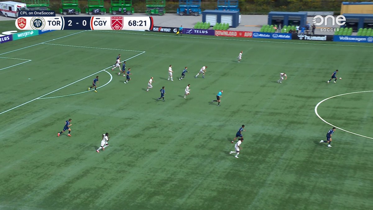 A soccer match broadcast on OneSoccer shows TOR leading CGY 2-0 at 68:21, with players running across the field.