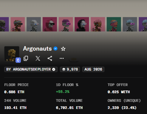 CryptoGorilla's tweet photo. Argonauts are back at .69eth due to the animated art update

Cloaks back to 0.85eth

Do we see 1eth on these soon? https://t.co/l5tfLe8Z9e