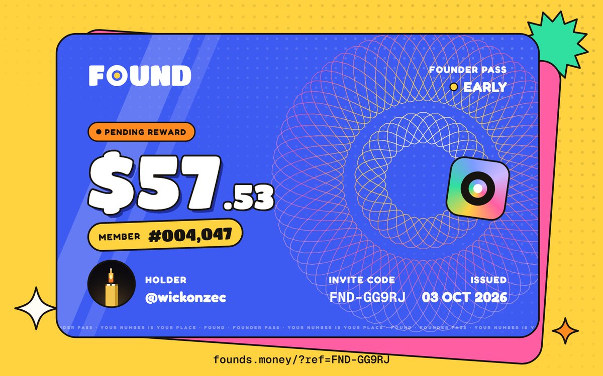 0xlastin's tweet photo. Just joined FOUND and got a $57.53 pending reward.
Member #004,047. Claim opens after launch.

Get yours: https://t.co/3myWw2vX9A https://t.co/wiCUFIarl1