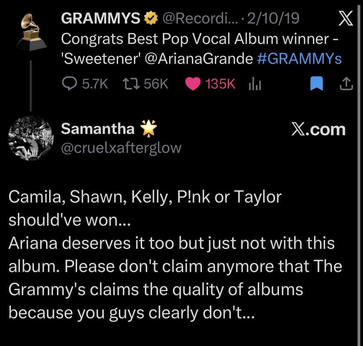 arisxsunshine's tweet photo. swifties were always bitter asf about ariana😭 imagine thinking shawn mendes, pink, taylor or camila cabello deserved over sweetener that consisted some of her best work ever including god is a woman, NTLTC, get well soon, etc https://t.co/jQBYFkcRe7