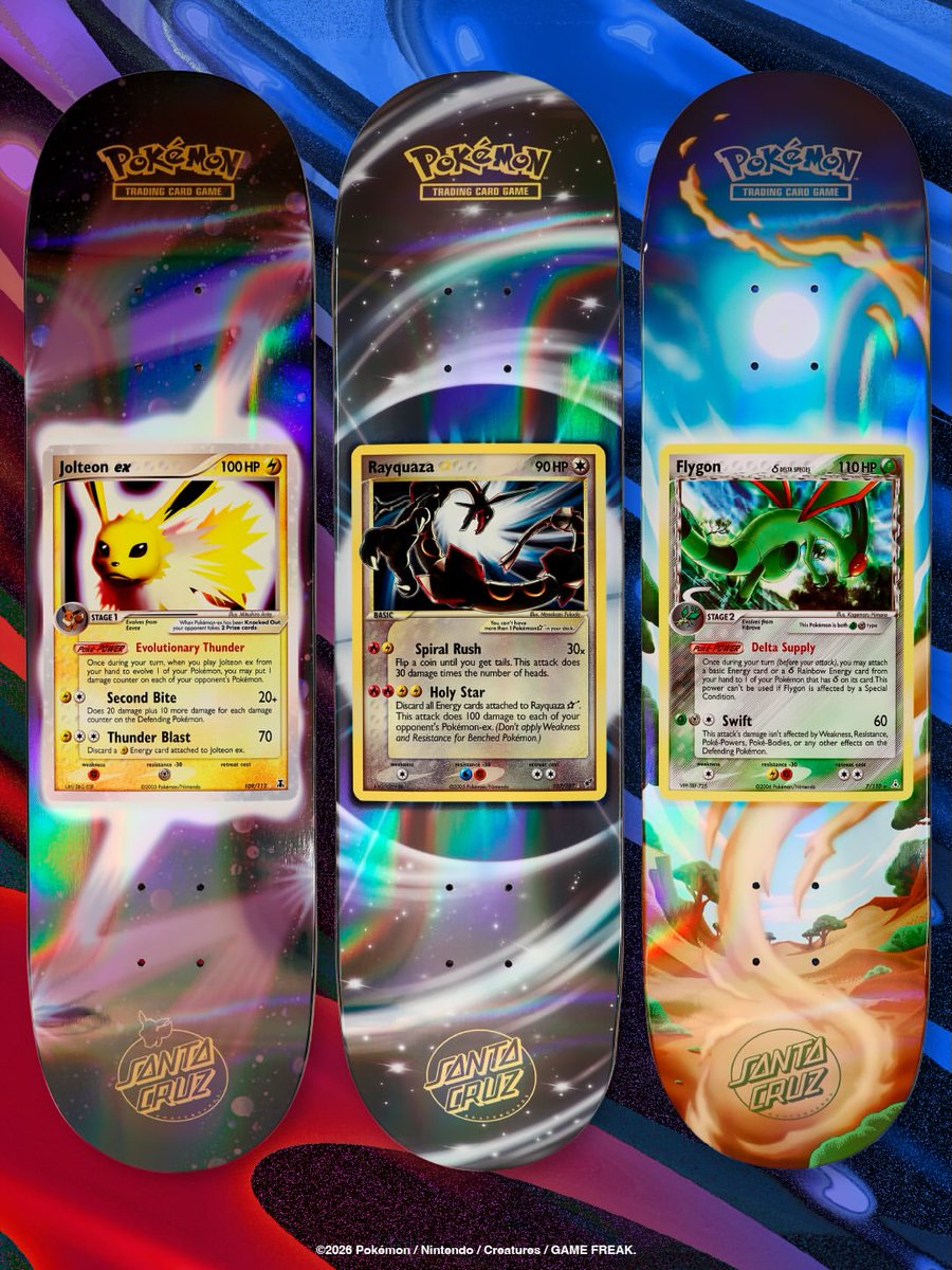 JustFreshKicks's tweet photo. FIRST LOOK: Pokémon TCG x Santa Cruz Skateboards 🛹⚡️

The 30th anniversary collection features 30 deck designs, each spotlighting a different Pokémon card.

📅 October 17th https://t.co/Qm8RUS6sZ2