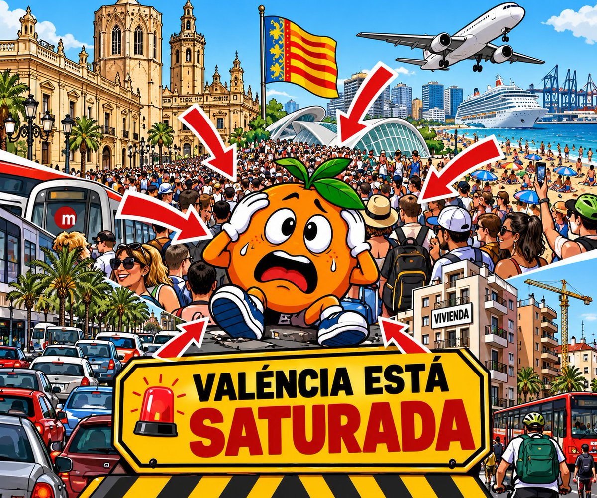 valencia_unida's tweet photo. 🚨 VALÉNCIA ESTÀ SATURADA. I LES SENYES HO DEMOSTREN.

No és una sensació. És una qüestió de números.

En 2015 Valéncia tenia 787.266 habitants.

Hui el padró municipal situa la població en 858.178.

Són 70.912 persones més en a penes onze anys: un 9% de creiximent, ocupant el mateix terme municipal.

I la pressió no termina ahí.

👉 181.140 residents tenen actualment nacionalitat estrangera.

👉 L'àrea metropolitana supera ya 1,6 millons d'habitants.

👉 En 2024 Valéncia va rebre 2,4 millons de viagers i va registrar 6,08 millons de pernoctaciones.

👉 En 2025 varen aplegar ademés 5,4 millons de passagers a l'aeroport.

Tot açò ocorre sobre una ciutat on l'espai físic no ha aumentat.

Més població + més turisme + més població metropolitana + més movilitat = més pressió sobre vivenda, tràfic, transport, plages, servicis i espai públic.

I mentrestant @mjosecatala y @JFPerezLlorca parlant de créixer com si el territori fora infinit i sense donar solucións.

Valéncia necessita una política de població, vivenda, turisme, movilitat i territori que tinga en conte una realitat molt senzilla:

⚠️NO CAP TOT.

Créixer indefinidament no sempre significa progressar.

A voltes significa saturar la ciutat fins a fer que els qui vivim en ella deixem de reconéixer-la.