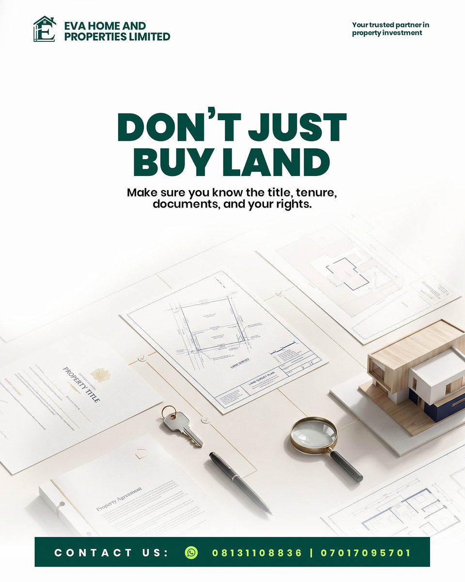 EVASGROUP1's tweet photo. 🚨 BEFORE YOU BUY THAT LAND, STOP & SWIPE THROUGH THESE SLIDES.

What you don’t know about a property today could cost you tomorrow.

🏡 EVAS GROUP

INVEST WITH KNOWLEDGE.

From title verification and documentation to tenure and your legal rights, knowing what you’re buying is just as important as finding the right property.

We have lands and properties available in:

📍 Lagos State
📍 Ibadan
📍 Abeokuta & Ogun State
📍 Ilorin
📍 Other strategic locations across Nigeria

With proper documentation and flexible payment plans on selected properties, we’re here to help you make informed property decisions.

SWIPE THROUGH. LEARN. VERIFY. INVEST WITH KNOWLEDGE.

📞 08131108836 | 07017095701

EVAS GROUP
Building Value. Creating Opportunity. 🏡#landbanking #investors #future