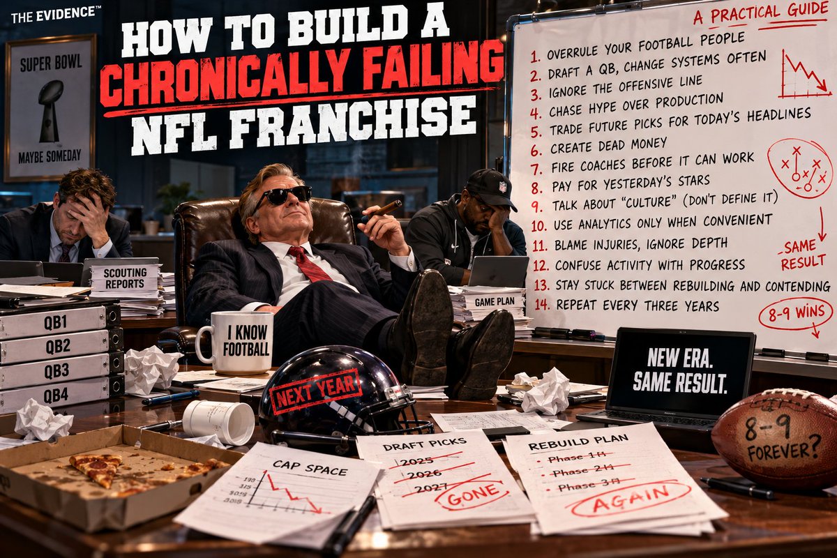 KimWojcinski's tweet photo. THE EVIDENCE™

SATURDAY SATIRE EDITION

HOW TO BUILD A CHRONICALLY FAILING NFL FRANCHISE

A Practical Guide for Owners Who Believe Seventeen Games a Year Are Plenty of Time to Destroy Twenty Years of Organizational Progress.

The evidence will be presented. The verdict is yours.

Building a successful NFL franchise is difficult because success demands several disciplines at once, each demanding on its own and unforgiving in combination. Ownership has to hire qualified football people and resist the urge to become one of them. General managers have to think beyond the current season. Coaches have to develop players rather than wait to inherit finished products. Scouting departments have to identify value before the rest of the league notices, contracts have to be written with the next several seasons in mind, draft capital has to be protected, and succession plans have to exist before anyone needs them. Everyone in the building also has to accept that the smartest decision in a given week may be the dullest item on the agenda. Fortunately, none of this is required of an owner who wants to build a chronically failing franchise. Failure operates from a far more forgiving blueprint, and the NFL has spent decades supplying excellent instructional material.

The process begins at the top, where chronic dysfunction becomes much easier when an owner hires experienced football executives and then treats their primary responsibility as confirming his instincts. The general manager may have spent six months studying a quarterback, interviewing coaches, reviewing medical files, examining every college snap and comparing the player against years of internal scouting data. None of that should outweigh the owner watching one nationally televised bowl game and deciding the kid “just looks like a winner.” The ideal structure gives everyone technical authority until ownership becomes interested. The general manager controls personnel until the owner has a favorite prospect, the coach controls the team until the owner dislikes the offense, and the scouting department controls the draft board until someone important falls in love with a forty-yard dash. Accountability becomes wonderfully flexible when nobody can locate the line where authority ended and interference began.

With that structure in place, the quarterback position offers one of the fastest routes to long-term instability. Draft a young passer, present him as the future of the franchise, put him behind an unfinished offensive line and give him one established receiver surrounded by developmental projects. Then demand immediate proof that he belongs among the league's best. If the offense sputters, change coordinators. If he remains erratic, change systems again. By his third season he should be learning his third terminology package, third set of protection rules and third theory of how his feet are supposed to move. At that point the front office can begin wondering aloud whether the quarterback failed to develop while carefully avoiding the question of whether the organization ever created conditions in which development was likely.

Offensive-line construction deserves the same discipline. Good linemen are expensive, slow to develop and terrible at selling jerseys, which makes them unattractive to an organization devoted to short-term excitement. Receivers generate highlights, pass rushers generate sack totals and quarterbacks generate hope. Guards and centers become visible primarily when they fail. The chronically failing franchise should therefore treat the offensive line as a maintenance expense rather than a structural priority, addressing it aggressively only after the quarterback has spent half a season getting hit before he finishes his drop. The organization can then make protection an offseason priority, spend heavily repairing several positions at once and congratulate itself for responding decisively to a problem it spent three years creating.

The draft offers additional opportunities because bad process can easily disguise itself as vision. Production should be viewed with suspicion whenever athletic traits are available. A player who performed at an elite level against strong competition for three seasons may have reached his ceiling, while another player with modest production, unusual length and a spectacular combine enjoys the protective umbrella of “upside.” Potential is especially useful because nobody can test it against NFL game film until after the pick has been made. If the prospect succeeds, the front office saw what everyone else missed. If he fails, he was a calculated swing on rare physical traits. Either explanation can be written before he reports to training camp.

Winning the transaction ranks nearly as high. Successful franchises often make moves that look uneventful when they happen because the value surfaces later through roster balance, cap flexibility and developmental continuity. A failing organization should avoid that approach because roster architecture rarely dominates television for forty-eight hours. Better to pursue moves that earn words such as *bold*, *aggressive* and *all-in*. Future draft picks make ideal currency because their consequences belong to a season that does not yet feel urgent. Trading several premium selections for one recognizable veteran produces instant enthusiasm, generates an easy press conference and allows ownership to demonstrate commitment without explaining why a roster with twelve weaknesses needed one famous player more than four affordable young contributors.

Salary-cap management should follow the same devotion to the present. Instead of structuring contracts to preserve flexibility, restructure aging veterans repeatedly until future cap space becomes crowded with money attached to players whose best football occurred several seasons earlier. Dead money carries special value because it directs resources toward people no longer on the roster, allowing one decision to weaken both the present team and the future one. When the cap finally tightens, the organization can begin a necessary financial reset, release useful contributors and replace them with cheaper alternatives. The resulting decline can then be described as the difficult but responsible cost of repairing earlier decisions, many of them made by the same people supervising the repair.

Coaching turnover supplies another essential ingredient. A rebuilding coach should inherit a flawed roster, install a new system, develop young players, compensate for depth problems and produce enough immediate improvement to satisfy an owner who publicly asked everyone for patience. If the team starts slowly, anonymous questions about direction should begin circulating. If the record improves late but the playoffs slip away, ownership can determine that progress was insufficient. The next move is critical: hire the philosophical opposite of the coach just dismissed. A defensive coach gives way to an offensive innovator, a veteran coach to a young coordinator, a disciplinarian to a players' coach, and a reserved personality to someone whose introductory press conference produces energetic clips. The pendulum swing creates the appearance of organizational learning without requiring anyone to identify what went wrong.

Assistant coaches deserve no special protection because continuity can become dangerously productive. If a position coach develops several young players, allow another franchise to hire him away. If an offensive assistant builds an effective system, consider changing coordinators before the roster grows too comfortable with the playbook. Players benefit enormously from relearning terminology, technique and responsibilities every few seasons, particularly when management intends to fault them later for uneven play. Development becomes much easier to criticize when the organization keeps pressing the restart button.

Free agency provides another excellent way to purchase yesterday's performance at tomorrow's prices. A veteran who made All-Pro three seasons ago carries name recognition, and name recognition sells more easily than an ascending twenty-six-year-old interior lineman most casual fans could not identify. Injury history, shrinking snap counts and declining efficiency can be acknowledged as long as none of them interferes with acquiring “leadership.” If the veteran performs poorly, emphasize his locker-room influence. If he misses half the season, discuss what he contributes in meetings. If he is released after one year, thank him for helping establish the culture, converting an expensive personnel mistake into an intangible organizational success.

Culture carries unusual value because it can explain almost anything while resisting measurement. When the roster lacks talent, discuss culture. When veterans become frustrated, discuss culture. When young players stall, explain that standards are being established. When the team finishes 5–12, insist that the locker room is finally filled with the right kind of people. The vaguer the definition, the more useful the concept becomes because nobody can audit an undefined idea against results. Accountability works much the same way. After a losing season, ownership should promise accountability throughout the organization and then fire an assistant coach, demonstrating that failure carries consequences somewhere in the building.

Analytics should be deployed according to convenience rather than method. When the numbers support a decision management already favors, proclaim that the franchise has embraced modern football. When the same methods challenge a cherished belief, remind everyone that football is played by human beings and cannot be reduced to spreadsheets. The objective is never to integrate analytics with scouting, coaching, medical evaluation and financial modeling because several independent lines of evidence might interfere with impulsive decision-making. Data should serve as validation when useful and decoration when necessary, while ownership preserves the freedom to ignore it whenever instinct looks more attractive.

Injuries provide another layer of protection because they allow roster-construction failures to be recast as bad luck. Every NFL team loses players, but the chronically failing franchise should build a roster whose performance depends on a handful of starters staying healthy. When three injuries expose the missing depth, management can explain that no team could survive losing that many important players. The more revealing question—why nobody credible stood behind those starters—should remain safely unasked. Depth is expensive, mostly invisible and rarely generates offseason excitement, which makes it a poor investment for organizations whose planning horizon seldom extends beyond the next transaction.

Young players should then be judged with maximum urgency. A rookie lineman who struggles in September plainly lacks NFL ability. A young cornerback who allows a touchdown has raised serious questions. A receiver without 1,000 yards in his first season was obviously overdrafted. A quarterback should establish franchise credentials before defensive coordinators have gathered enough film to identify his weaknesses. Development curves introduce patience, and patience threatens the entire system. Every young player should instead become an immediate referendum on the general manager who selected him, allowing fans and front office alike to swing between declarations of genius and incompetence on the strength of tiny samples.

The organization must also master the art of confusing activity with progress. Change the uniforms, renovate the facility, replace the general manager, reorganize the front office and hire a consultant. Release a documentary, create a slogan, trade a veteran, sign another veteran and introduce another new era. Eighteen months later, abandon the new era because results did not come quickly enough and begin its replacement. Motion creates the appearance of direction, allowing an organization to spend years moving without becoming appreciably closer to a championship.

Communication with the fan base should follow a dependable annual cycle. The offseason calls for discussions of youth, energy, competition, improved chemistry and the creativity of the new coaching staff. Training camp should generate reports that the quarterback looks more comfortable, the rookie class is ahead of schedule and several returning veterans are in the best condition of their careers. If the season deteriorates, the vocabulary shifts toward patience, long-term construction and the complexity of changing an organizational culture. The contradiction serves a useful purpose: offseason optimism sells hope, while December realism protects management from the consequences of having sold it.

For advanced practitioners, the most dependable path to chronic mediocrity is permanent residence between rebuilding and contending. Keep several expensive veterans because the playoffs remain possible, but never add enough talent to contend seriously. Trade younger players because change is necessary, then spend future picks because the competitive window is supposedly open. Protect some future cap space while pushing other contracts into later seasons. Draft developmental prospects while insisting publicly that the team intends to win now. With enough discipline, the roster becomes too old and expensive to rebuild efficiently while remaining too shallow to contend. The franchise settles into its most comfortable habitat: somewhere around eight wins, far from a championship and equally distant from the premium draft position that might materially alter the roster.

Succession planning should wait until succession becomes an emergency. The aging quarterback can be addressed later, along with the veteran tackles nearing retirement, defensive stars approaching second contracts and coordinators likely to become head coaches elsewhere. The future is inconvenient because preparing for it requires spending resources before a crisis forces everyone to acknowledge the need. A failing organization should therefore wait until the transition becomes unavoidable, pay the premium created by its own delay and describe the resulting transaction as decisive action.

When the accumulated decisions finally produce another reset, recovery should begin with a comprehensive search. Consultants can be hired, candidates interviewed and philosophies discussed while ownership promises that every corner of football operations is under examination. After several weeks, hire someone connected to people ownership trusted before the search began. Seat him beside a new head coach at an introductory press conference and emphasize toughness, accountability, collaboration, standards and championship expectations. Ownership can then explain that the franchise finally has alignment, even though the previous regime entered the building under nearly identical language.

That is the central lesson in building a chronically failing NFL franchise. Persistent failure rarely requires one spectacular mistake. It develops more efficiently through a long sequence of smaller decisions that repeatedly exchange continuity for urgency, development for instant evaluation, depth for recognizable names, future flexibility for current headlines and evidence for instinct. Each individual decision can be defended on the day it is made, and that defensibility helps explain why the structure can survive for years.

Given enough seasons, the same franchise can spend fifteen years rebuilding, cycle through several coaches and general managers, draft multiple quarterbacks, repair the offensive line more than once, push money into future salary caps and spend premium draft choices correcting earlier personnel decisions. Every spring it can assure its fans that the organization finally understands what has to change. Somewhere along the way, however, the distinction between rebuilding and institutional habit disappears. What began as a collection of defensible mistakes eventually hardens into the franchise's settled method of operation, repeated year after year by people convinced they are correcting the problem they continue to recreate.

The evidence has been presented. The verdict is yours.