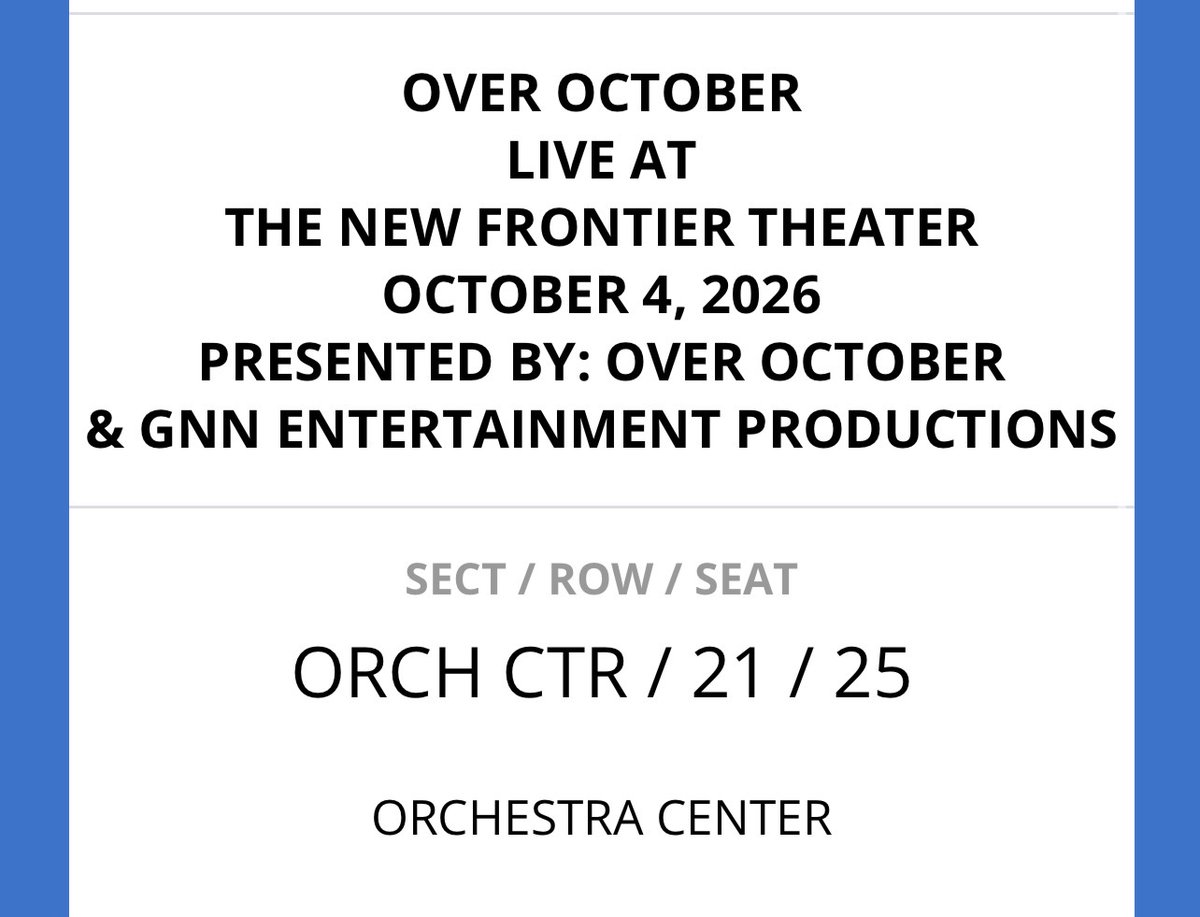 mherandrew's tweet photo. WTS LFB

Over October Concert @ New Frontier Theater 

1 ORCH CTR e-tix

#OverOctober https://t.co/F3BqJV1eQ2