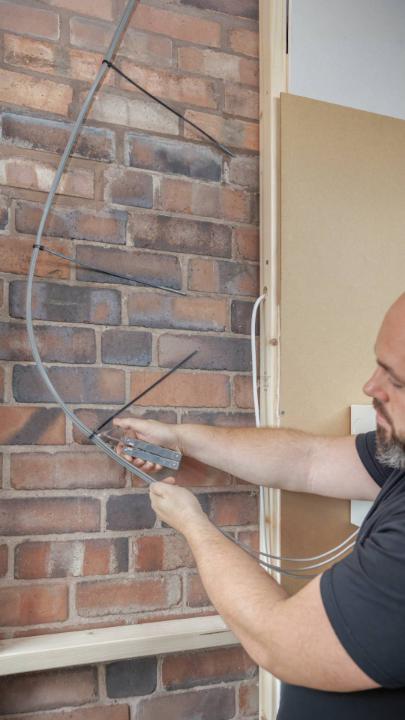 A man with a beard works on electrical wiring on an exposed brick wall, holding a bundle of cables and connectors in his hands.