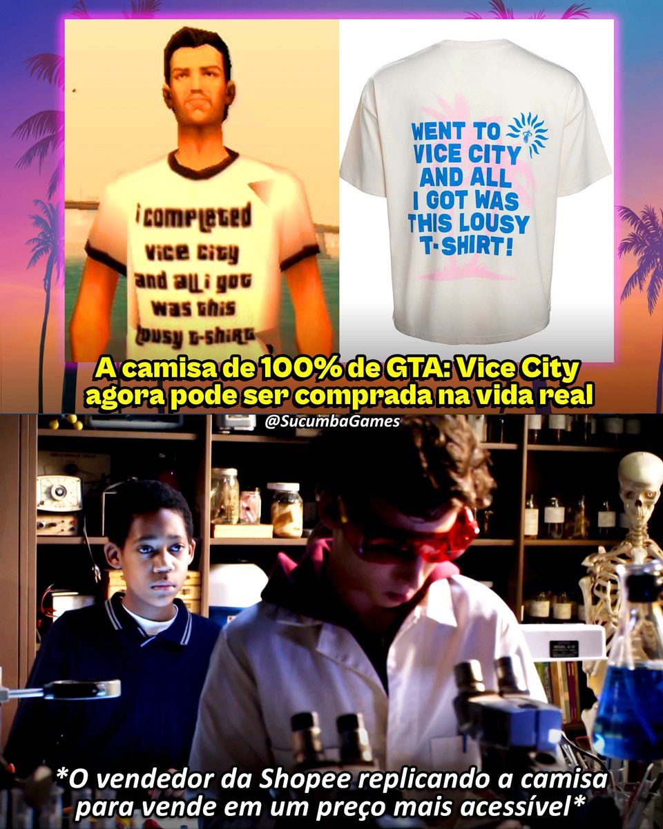 SucumbaGames's tweet photo. A Rockstar se uniu ao Miami Heat para lançar uma nova coleção inspirada em GTA: Vice City, e entre as peças está uma camisa baseada na recompensa que os jogadores recebiam ao completar o jogo em 100%.
 
A nova camisa tem um visual próprio e traz a frase “Fui para Vice City e tudo que ganhei foi essa camiseta vagabunda”. A peça está sendo vendida oficialmente por US$ 55.
 
Pelo preço, acho que vamos ter que arrumar outras formas de comprar essa aqui no Brasil.