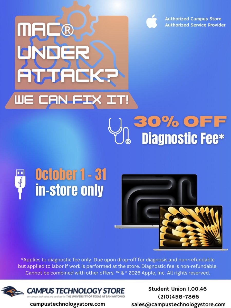 UTSATechStore's tweet photo. Mac under Attack? 30% off diagnostic fee at the #campustechnologystore this October!!!
#utsa #utsanantonio #techrepair https://t.co/LkvxlbRpwJ