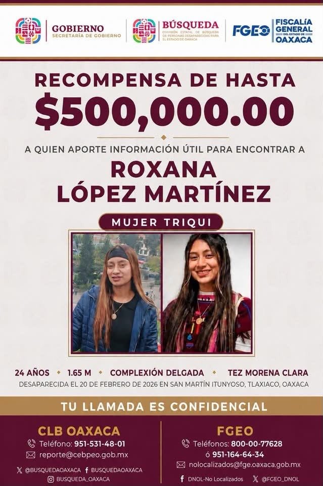 ContraProMx's tweet photo. ❗𝗔𝗬Ú𝗗𝗔𝗡𝗢𝗦 𝗔 𝗟𝗢𝗖𝗔𝗟𝗜𝗭𝗔𝗥𝗟𝗔❗
#RoxanaLópez Martínez

👤 Tu colaboración es muy importante y será confidencial

En el marco de las estrategias de búsqueda para la localización de la *joven ingeniera triqui Roxana López Martínez, originaria del Municipio de San Martín #Itunyoso, #Oaxaca*, se informa a la ciudadanía el acuerdo Interinstitucional 01/2026 de fecha 01 de septiembre de 2026, por el que se ofrece una recompensa de hasta $500,000.00 (quinientos mil pesos 00/100 m.n.), a quien o quienes aporten información veraz y útil que contribuya a su localización.

La información que deseen aportar tendrá el carácter confidencial y la podrán realizar a través de los siguientes medios.

Comisión Estatal de Búsqueda de Personas Desaparecidas para el Estado de Oaxaca:
📞 951 531 4801
📧 reporte@cebpeo.gob.mx

Fiscalía General del Estado de Oaxaca:
📞 800 00 77628
📞 951 164 6434
📧 nolocalizados@fge.oaxaca.gob.mx

#BúsquedaOaxaca
#HastaEncontrarles
