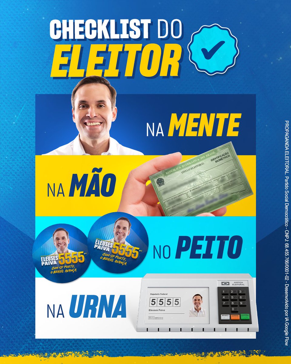 eleusespaivaf's tweet photo. Amanhã não esqueça sua colinha e seu documento de identificação!!!

Vote em quem quer ver o Brasil avançar!

Vote ELEUSES PAIVA para Deputado Federal 🇧🇷

5️⃣5️⃣5️⃣5️⃣✅

PROPAGANDA ELEITORAL. Partido Social Democrático - CNPJ: 68.455.766/0001-02 https://t.co/5S9qhsZQXZ