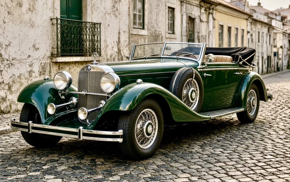 Bellagiotime's tweet photo. The invoice is for a late-1937 Mercedes-Benz 540 K Cabriolet A, chassis and engine 169391, ordered in Lisbon and finished in factory green 02063 with genuine leather and a fabric soft top. This is that car. https://t.co/zfktFQ9hoQ