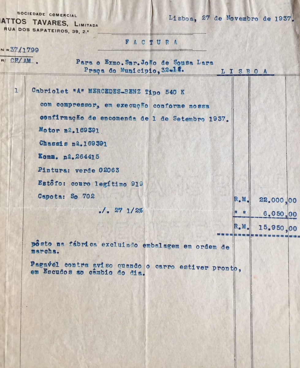 Bellagiotime's tweet photo. The invoice is for a late-1937 Mercedes-Benz 540 K Cabriolet A, chassis and engine 169391, ordered in Lisbon and finished in factory green 02063 with genuine leather and a fabric soft top. This is that car. https://t.co/zfktFQ9hoQ