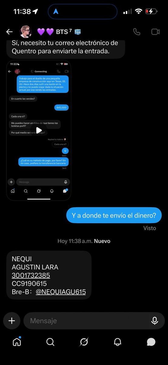 luvinarv's tweet photo. tmb tengan cuidado con esas cuentas raras que ofrecen boletas. hablan un español extraño, son extranjeros y casualmente tienen a su amigo Agustín Lara que les va a hacer el favor de recibirles la plata 😍 #BTSEnBogotá  #BTS_WORLDTOUR_ARİRANG_BOGOTA https://t.co/tyHNxV2xV5