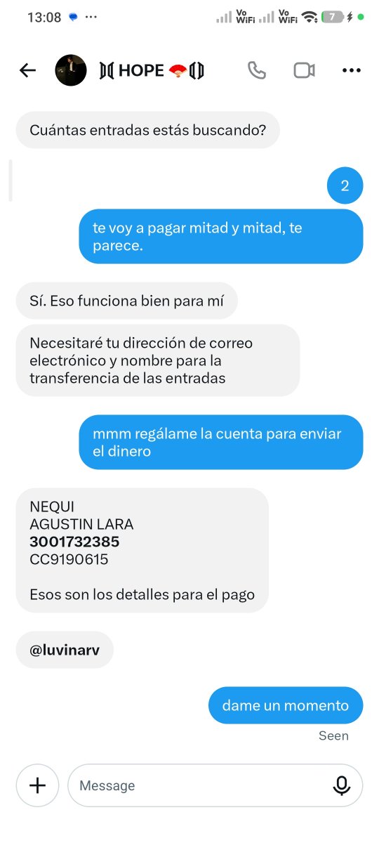 luvinarv's tweet photo. tmb tengan cuidado con esas cuentas raras que ofrecen boletas. hablan un español extraño, son extranjeros y casualmente tienen a su amigo Agustín Lara que les va a hacer el favor de recibirles la plata 😍 #BTSEnBogotá  #BTS_WORLDTOUR_ARİRANG_BOGOTA https://t.co/tyHNxV2xV5