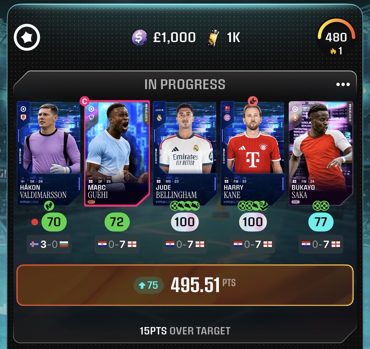 JCBSorare's tweet photo. I didn’t trust the full England stack, and my captain choice looked ropey at one point, but absolutely buzzing to have won the big prize!

Most I’ve won on anything, never thought I’d do it 🎉🎉 #sorare https://t.co/8i9h5nBd83