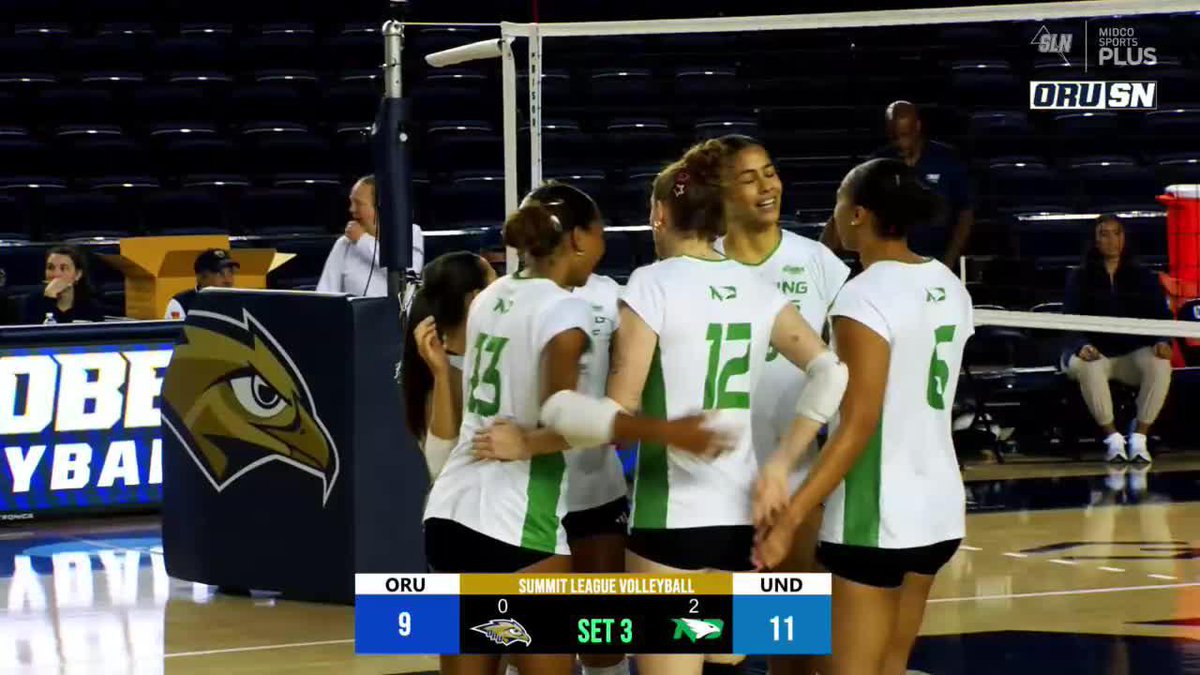 North Dakota volleyball players in white and green uniforms celebrate during Set 3 of a Summit League match against ORU, with the scoreboard showing ORU 9, UND 11, broadcast on Midco Sports Plus.
