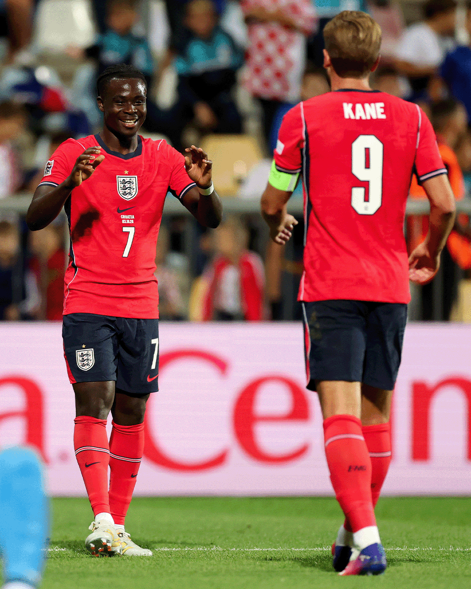 premierleague's tweet photo. Bukayo Saka and Morgan Rogers on target for the Three Lions 🎯

A memorable night for England as they stun Croatia with a 7-0 victory 🌟 https://t.co/Gf24qPzcFX