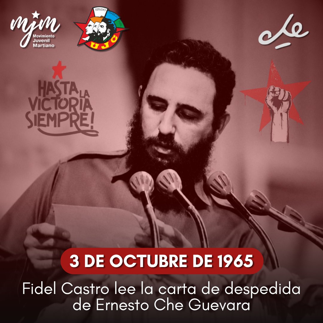 UJCdeCuba's tweet photo. El 3 de octubre de 1965, en la constitución del Comité Central del Partido, Fidel dio lectura a la carta de despedida del Che. Sus palabras, cargadas de emoción y firmeza, estremecieron a Cuba y sellaron el compromiso internacionalista de la Revolución.

¡HLVS!🇨🇺

#UJCdeCuba https://t.co/EnKUD4J47Z