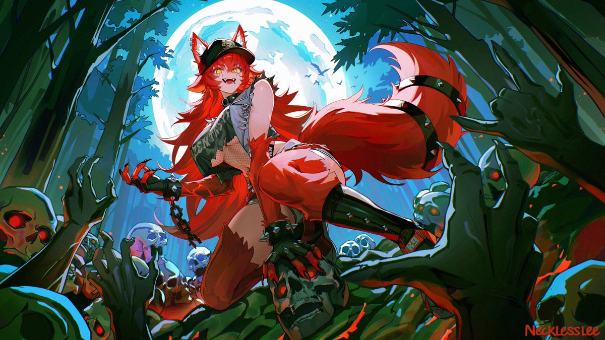 NecklessLee's tweet photo. It's spooky month again! 🎃
Had the pleasure of illustrating the new Starting Soon screen for @Zentreya's NEW FERAL HALLOWEEN OUTFIT! 🐺🔥
TYSM again for trusting me with another piece! 🤘 #zentreart https://t.co/1jPUpbfyC2