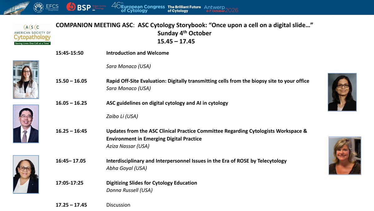 cytopathology's tweet photo. ECC 2026 attendees: Join the ASC Companion Meeting,“ASC Cytology Storybook: Once upon a cell on a digital slide…” on Sunday, October 4, 2026, from 15:45–17:45 @smonaco3 @lizaibo @jascjournal #ECC2026 #Cytopath #cyto #cytology https://t.co/V6GOHqMOOW