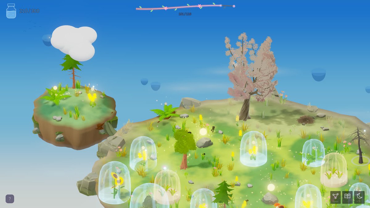 MMageGangsta's tweet photo. The full game's hottest island: too much light wilts a bloom here, so you water it or share the light out.
Except on the little isle beside it. It has a cloud of its own, and nothing under it wilts.

#ScreenshotSaturday #indiegame #gamedev #cozygames https://t.co/1iDiDp75kq