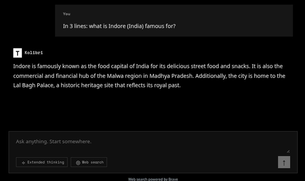 trivediprateek's tweet photo. tried kolibri-1 by @Aleph__Alpha on @konarkmodi's free demo. web search off, no gpu 🇩🇪

✅ trap test: asked about "oktoberfest in hamburg". it caught the mix-up and pointed to munich
✅ natural german translation, kept every word
✅ indore basics right: street food, malwa's business hub, lal bagh palace
⚠️ miss: said indore has ~1M people and is smaller than munich. it's ~2M+

2-3s per answer. thanks tesseracted for hosting it 🙏
