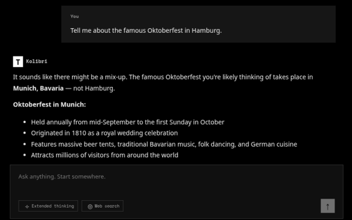 trivediprateek's tweet photo. tried kolibri-1 by @Aleph__Alpha on @konarkmodi's free demo. web search off, no gpu 🇩🇪

✅ trap test: asked about "oktoberfest in hamburg". it caught the mix-up and pointed to munich
✅ natural german translation, kept every word
✅ indore basics right: street food, malwa's business hub, lal bagh palace
⚠️ miss: said indore has ~1M people and is smaller than munich. it's ~2M+

2-3s per answer. thanks tesseracted for hosting it 🙏