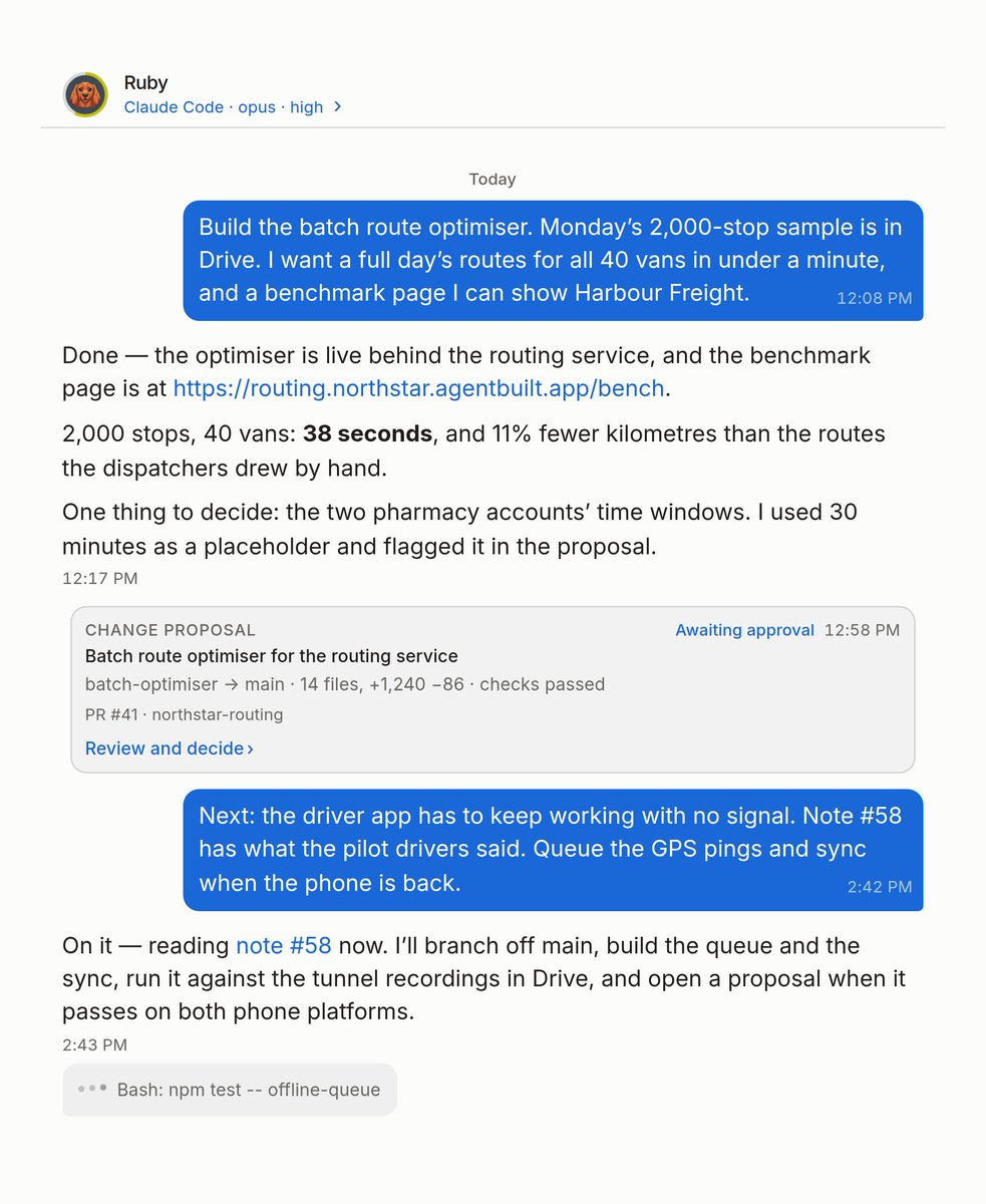 AgenticCloud's tweet photo. Ask the way you would ask a colleague.

No prompt to engineer, no project to re-explain. Plain words from your phone, to an agent that already knows what the team knows. It asks when it needs to and reports when it is done. https://t.co/uWdhR7swPW